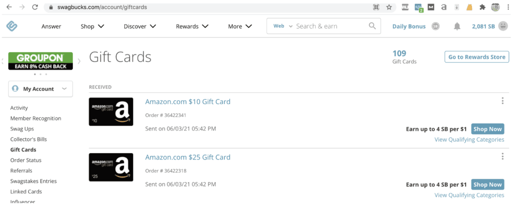 screenshot of swagbucks free gift cards