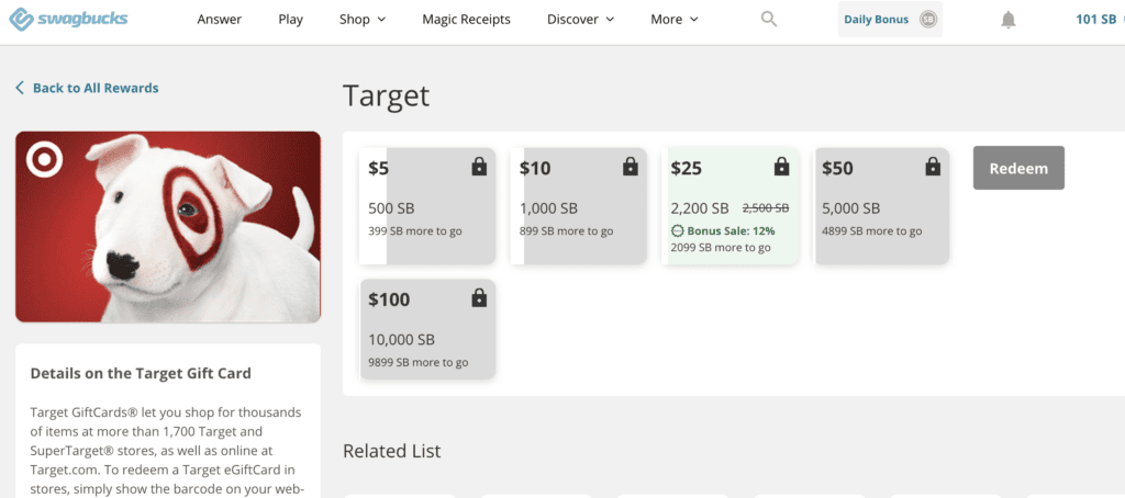 Here's what you'll see on Swagbucks site when redeeming for free Target gift cards.