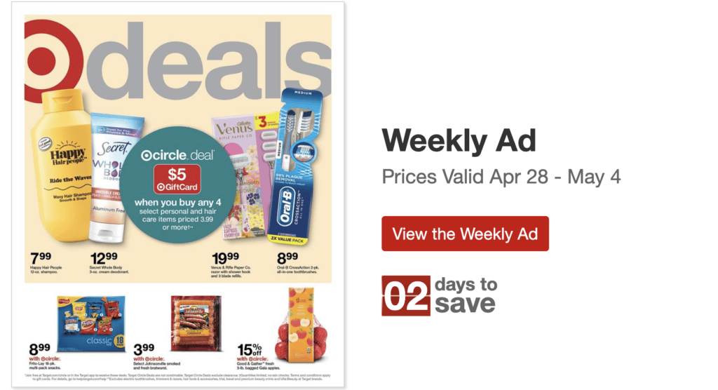 Here's a screenshot of Target’s weekly ad, and it shows how you can get a free gift card (this is an old ad, so this offer is not current.